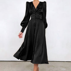 Beige Single Breasted Sexy Dress Party Clud High Waist Satin Long Dress Elegant V Neck Women Midi Dresses Lantern Sleeve