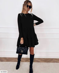 New Spring Autumn Dress Women Elegant O-Neck Long Sleeves Multi-layer Ruffles Hem Solid Party Dresses Casual Slim Vestidos