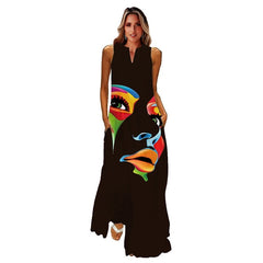 Ladies Spring Summer Long Dress Women Black Sleeveless V-neck Loose Party Dresses Casual Face Print Vintage Beach Dress