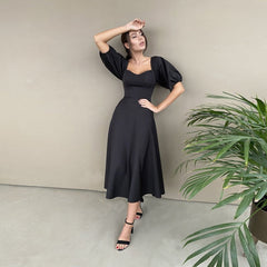 Churses Sexy Slash Neck Backless Midi Dress Autumn Elegant Puff Half Sleeve A-Line Long Party Dresses For Women 2021