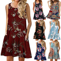 Women Summer Floral Print Medium Casual Beach Cover Up Plain Pleated Tank Dress