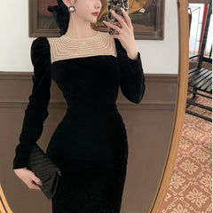 Black Elegant Evening Midi Dress Women Bodycon France Vintage Velvet Party Dress Ladies Korean Fashion Chic Dresses Autumn