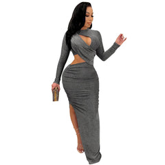 Elegant Glitter Solid Ruched Long Women Dress Sexy Cut Out O Neck Long Sleeve High Slit Evening Club Party Dress Robe Christmas