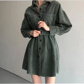 Women Vintage Front Pockets Sashes A-line Corduroy A-line Dress Long Sleeve Turn Down Collar Solid Dress Winter New Dress