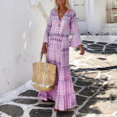 Women Vintage Geometric Print Long Party Dress Elegant Flare Sleeve Long Beach Dress Sexy Spring Summer V Neck Maxi Dresses