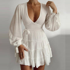 Hoobd Sexy Low-Cut Ruffle Bow A-Line Women Dress Lantern Sleeve V-Neck Slim Style Fashion Party Club Dress Spring Female Clothing