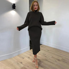 New Women's Knitted Set Fashion High Neck Long Sleeve Pullover & High Waist Tight Skirt 2-piece casual suit