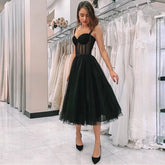 Black Polka Dot Tulle Short Prom Dresses Velour Tea Length Evening Gown 2023 Hot Sale Women Wedding Party Dresses