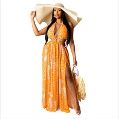 New Bohemian Beach Dress for Women Halter Deep V Neckline Print Party Gowns Side Split Sexy Vacation Dress