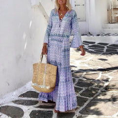 Women Vintage Geometric Print Long Party Dress Elegant Flare Sleeve Long Beach Dress Sexy Spring Summer V Neck Maxi Dresses