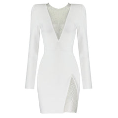 2023 New Summer New Women's Sexy V-neck Mesh Diamond Long Sleeve Bodycon Bandage Dress Fashion Celebrity Party Dress vestido