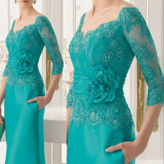Hoobd Gorgeous Teal Lace Mother of the Bride Dresses With Off Shoulder Three Quarter Sleeves Wedding Guest Gowns V Neck Full Length