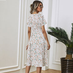Hoobd graduation outfit ideas 90s latina aesthetic freaknik fashion baseball game tomboy style swaggy going out classic edgy brunch cute White Floral Printing Summer Chiffon Beach Dress Casual V-neck Short Sleeve A-line Women Midi Dresses Vestidos