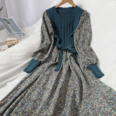 Hoobd Corduroy Floral Women Dresses Vintage Knitted Patchwork Vestidos De Mujer Sweet Korean Long Dress A-line