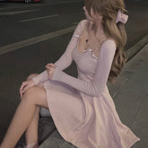 Hoobd Knit One-Piece Dress Korean 2021 Spring Casual Long Sleeve Sexy Sweater Mini Dress Women Outwear Party Elegant Dress Female Cute