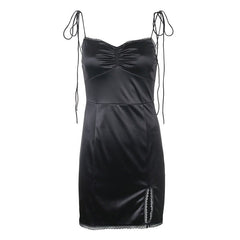 Hoobd Strappy Satin Ruched Black Dress Mini Lace Spliced Side Split Sexy Dress Female Sundress Backless Ladies Dresses