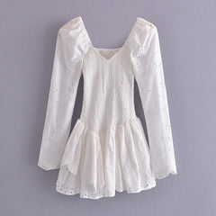 2023 Summer Autumn Long Sleeve Elegant Embroidery Mini Dress Women Long Sleeve Cotton Smocked Bodice Sexy Woman Dress