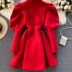 Autumn Winter Puff Long Sleeve Dresses For Women Party Christmas Turtleneck Slim A-Line Elegant New Year Woman Red Dress