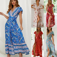 Women Bohemian V Neck Summer Maxi Dress Butterfly Short Sleeve Floral High Split Long Dress Wrap High Waist Bandage Sundress