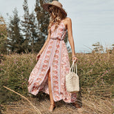 Hoobd Summer Retro Rayon Sling Dress Summer Waist Sleeveless Sexy Mid-length Pink Print Pullover Dresses