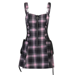 Hoobd Gothic Plaid Bandage Black Blue Dress Women Vintage Sleeveless Zipper Sexy Mini Dress Punk Aesthetic Summer A Line Dress