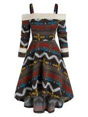 Aesthetic Cold Shoulder Tribal Print High Low Dress