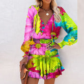 Fashion Vintage Colorful Floral Print Party Dress Women Spring Summer Elegant V-Neck Drawstring Ruffle Mini Dresses Casual Dress