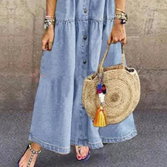 2023 Plus Size 3xl Women Summer Denim Dress Retro Women Short Sleeve Turn Down Collar Pockets Button Long Loose Denim Dress