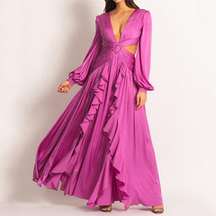 Woman Dress High Waist V-neck Women's Dress Pleated Solid Color Ruffled Dress Dresses For Women