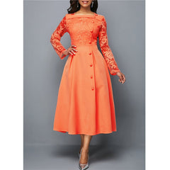 Hoobd Women's Dress Elegant Long Sleeve Lace Stitching High Waist big hem mid-length Oversized Dresses For Women