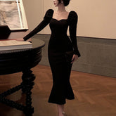Elegant Mermaid Black Long Dress Women Korean One Piece Vintage Gothic Evening Party Dress Autumn Casual Hepburn Slim Dress 2023