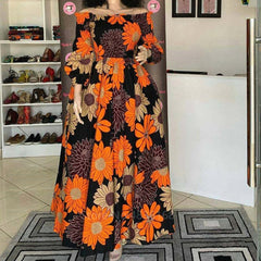 African National Print Party Dress Women Casual Sexy Slash-neck Lady Maxi Dress New Vintage Long-sleeved Loose Elegant Dress