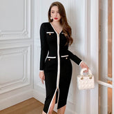 Autumn Vintage Female Knitted Stretch Split Midi Party Dress Ladies Elegant Long Sleeve Zippe Bodycon Pocket Button Black Dress