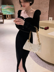 Black Sexy Elegant Dress Women Autumn France Vintage Evening Party Midi Dresses Casual Designer Korean Fashion Clothing New