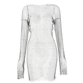 Diamond Sexy Bodycon Dress Women Hollow Out Long Sleeve Mini Dress Summer See Through Party Vestidos Mujer Verano