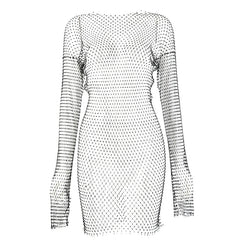 Diamond Sexy Bodycon Dress Women Hollow Out Long Sleeve Mini Dress Summer See Through Party Vestidos Mujer Verano