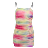 Chain Strap Patchwork Short Mini Dress Women Clubwear Sexy Lady Tie Dyeing Print Bodycon Slim Summer Beach Party Dress