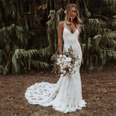 Boho Mermaid Wedding Dresses Spaghetti Straps Lace Backless Beach Sexy V-Neck Bohemian Bridal Gowns Elegant Vestidos De Noiva