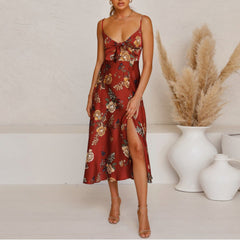 Hoobd Summer Women Fashion Sleeveless Floral Print Camisole Dress Sexy Spilt Back Hollow Out Slim Bandage Casual Beach Dresses