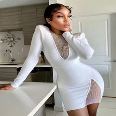 2023 New Summer New Women's Sexy V-neck Mesh Diamond Long Sleeve Bodycon Bandage Dress Fashion Celebrity Party Dress vestido
