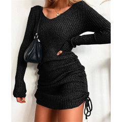 Winter Party Dresses For Women Women's Dress Knitted Drawstring Sexy Mini Dress Autumn Winter Elegant Fashion V-Neck Long Sleeve Bodycon Party Dresses Female
