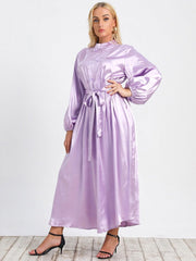 Plus Size Elegant Mesh Embroidery Belted Satin Dress Women Autumn High Waist Lantern Sleeve Party A-Line Long Dresses