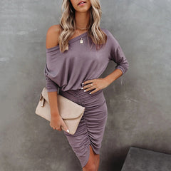 Women Vintage Off the Shoulder Front Split Sheath Party Dress Long Sleeve O neck Elegant Casual Mini Dress 2023 Spring Fashion