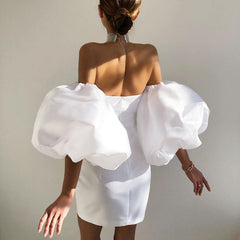 Hoobd Puff Sleeves Trendy Pink Mini Dress Sexy Off Shoulder Design Celebrity Party Club Satin Dresses Vestido