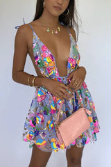 Hoobd Rainbow Sequin Open Back Slip Mini Dress