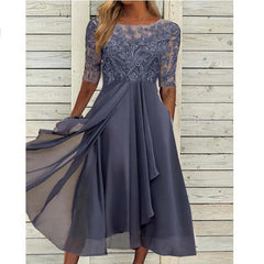 Round Neck Lace Swing Elegant Occasion Formal Midi Prom Dress