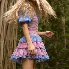 2023 Summer Mixed Floral Prints Ruffled Holiday Dress Square Neck Smocked Sexy Laides Dress Mini Dress
