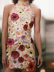 Hoobd Embroidery Slim Backless Mini Dress Spring Summer Women Fashion Sleeveless Short Dresses 2023 Elegant Lady Chic Party Vestidos