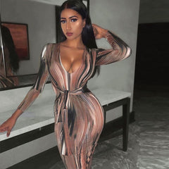 Hoobd Sexy Bandage Dress Waist Illusion Dress 2023 Women V-neck Maxi Dresses Ladies Tie-dye Wave Print Party Dresses Tight Dresses