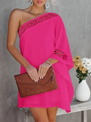 Hoobd Contrast Lace One Shoulder Casual Dress Women Long Sleeve Mini Party Dress